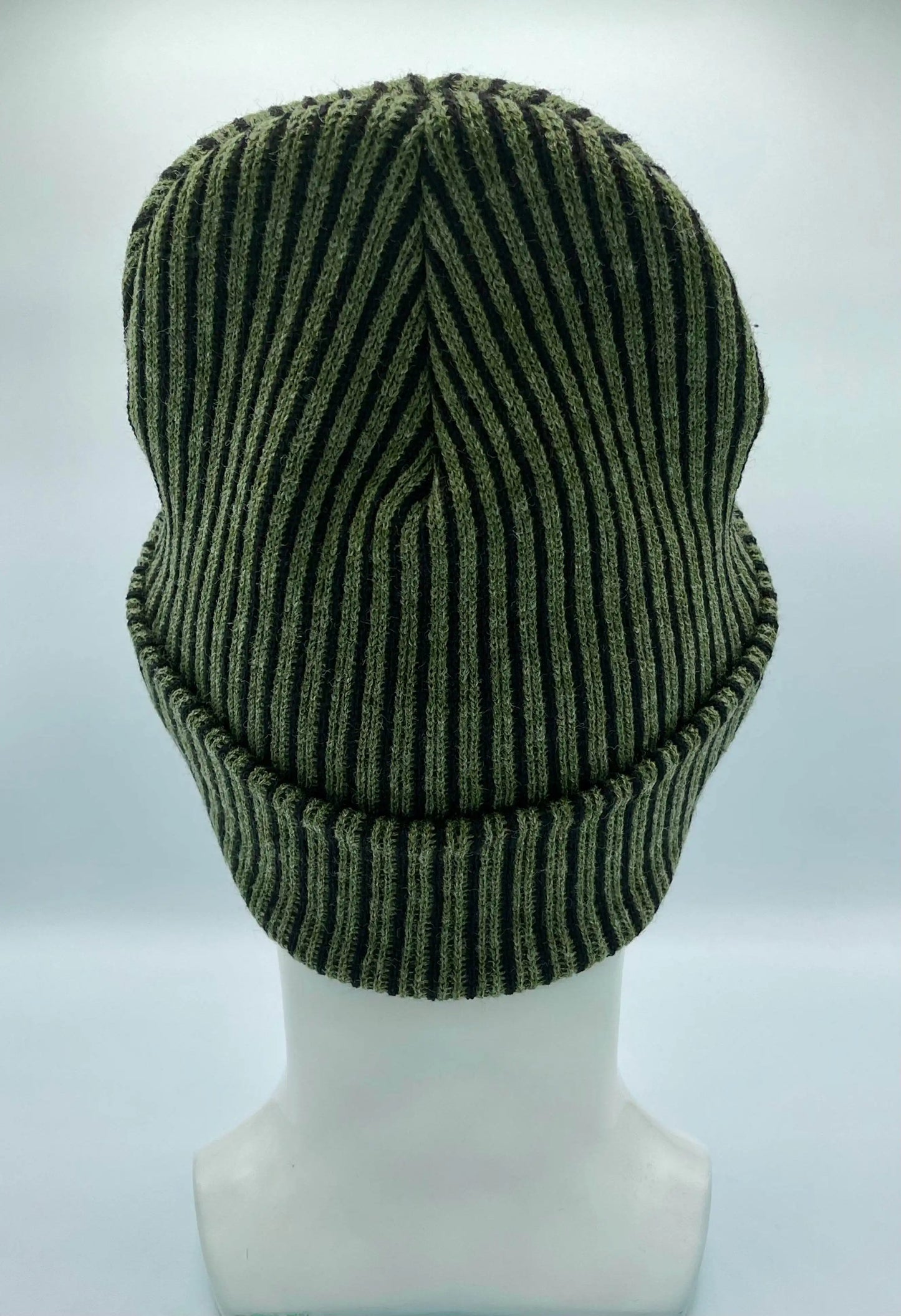 Cuffed Wide Ribbed Striped Beanie, Contrast, Black and Green, Classic Beanie