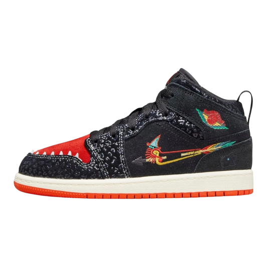 Jordan 1 Mid SE Kids Shoes Black/Sail/Roma Green/Chile Red