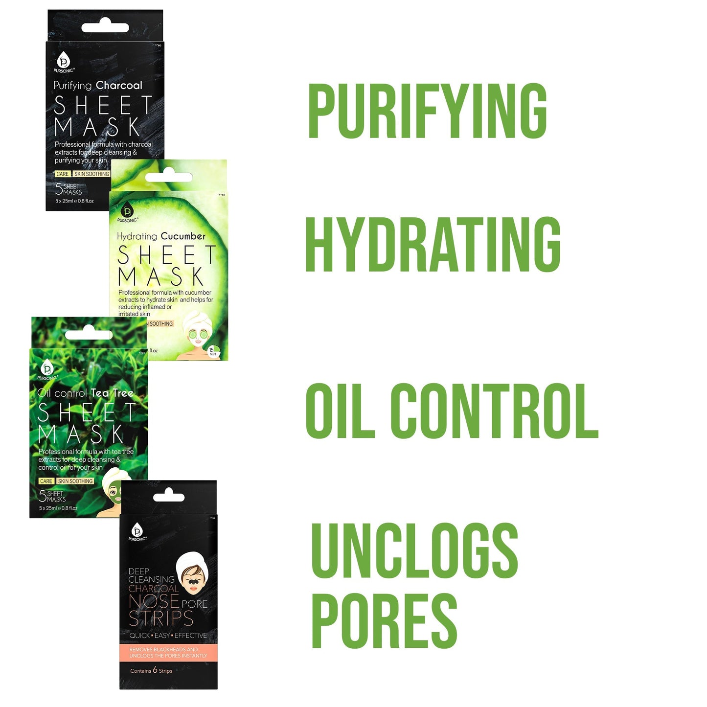 Ultimate Skincare Bundle: Charcoal Sheet Mask + Tea Tree Sheet Mask + Cucumber Sheet Masks +  Cleansing Charcoal Nose Pore Strip by Pursonic