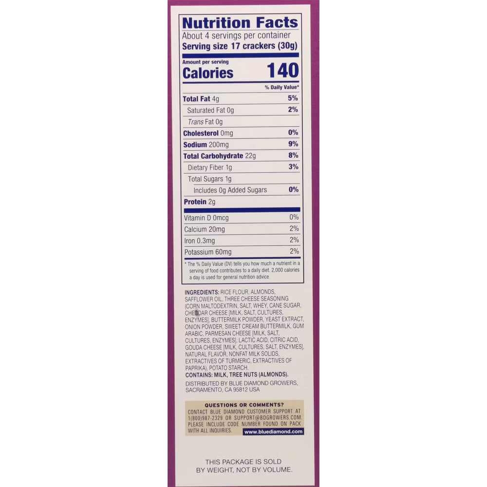 Blue Diamond Nut-Thins Three Cheese Crackers, 4.25 oz (Pack of 12) - Gluten-Free, Crunchy Snack
