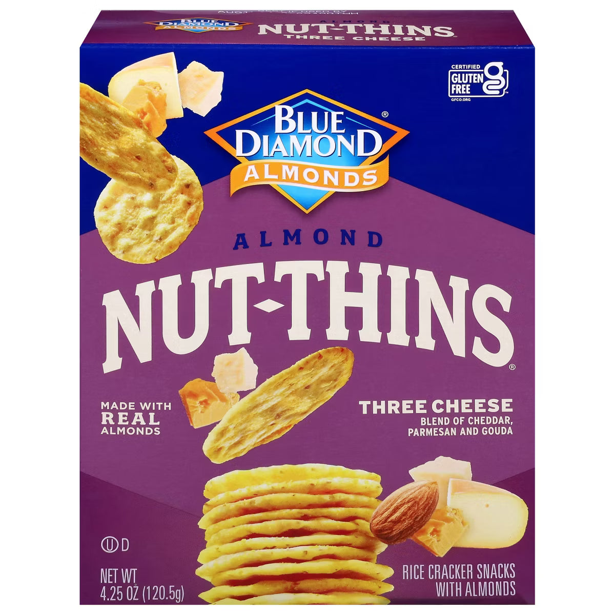 Blue Diamond Nut-Thins Three Cheese Crackers, 4.25 oz (Pack of 12) - Gluten-Free, Crunchy Snack