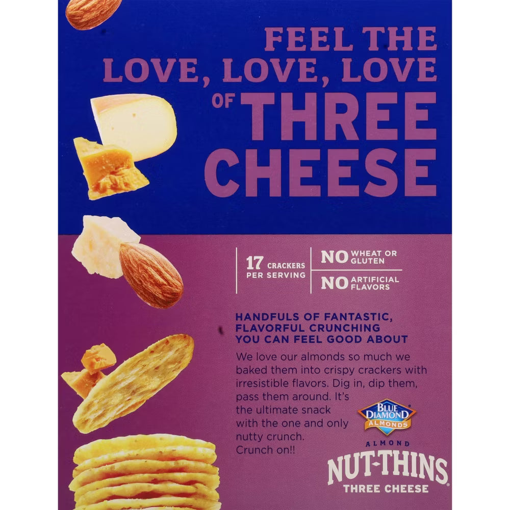 Blue Diamond Nut-Thins Three Cheese Crackers, 4.25 oz (Pack of 12) - Gluten-Free, Crunchy Snack
