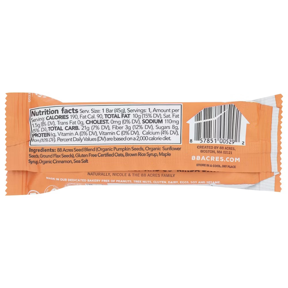 88 Acres Oats & Cinnamon Seed Bars, 1.6 oz, Pack of 9