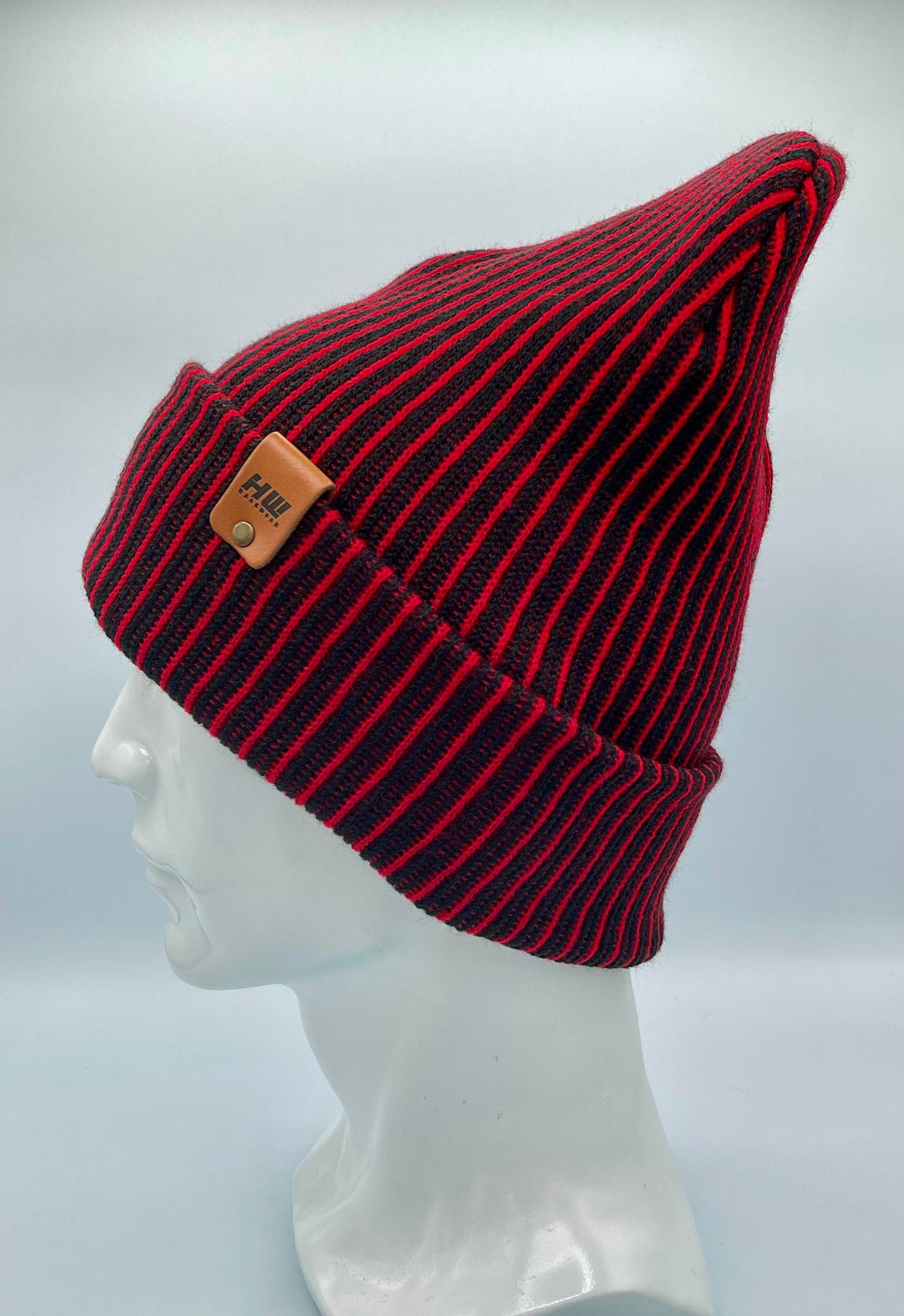 Haakwear Cuffed Wide Ribbed Striped Beanie, Contrast, Black and Red