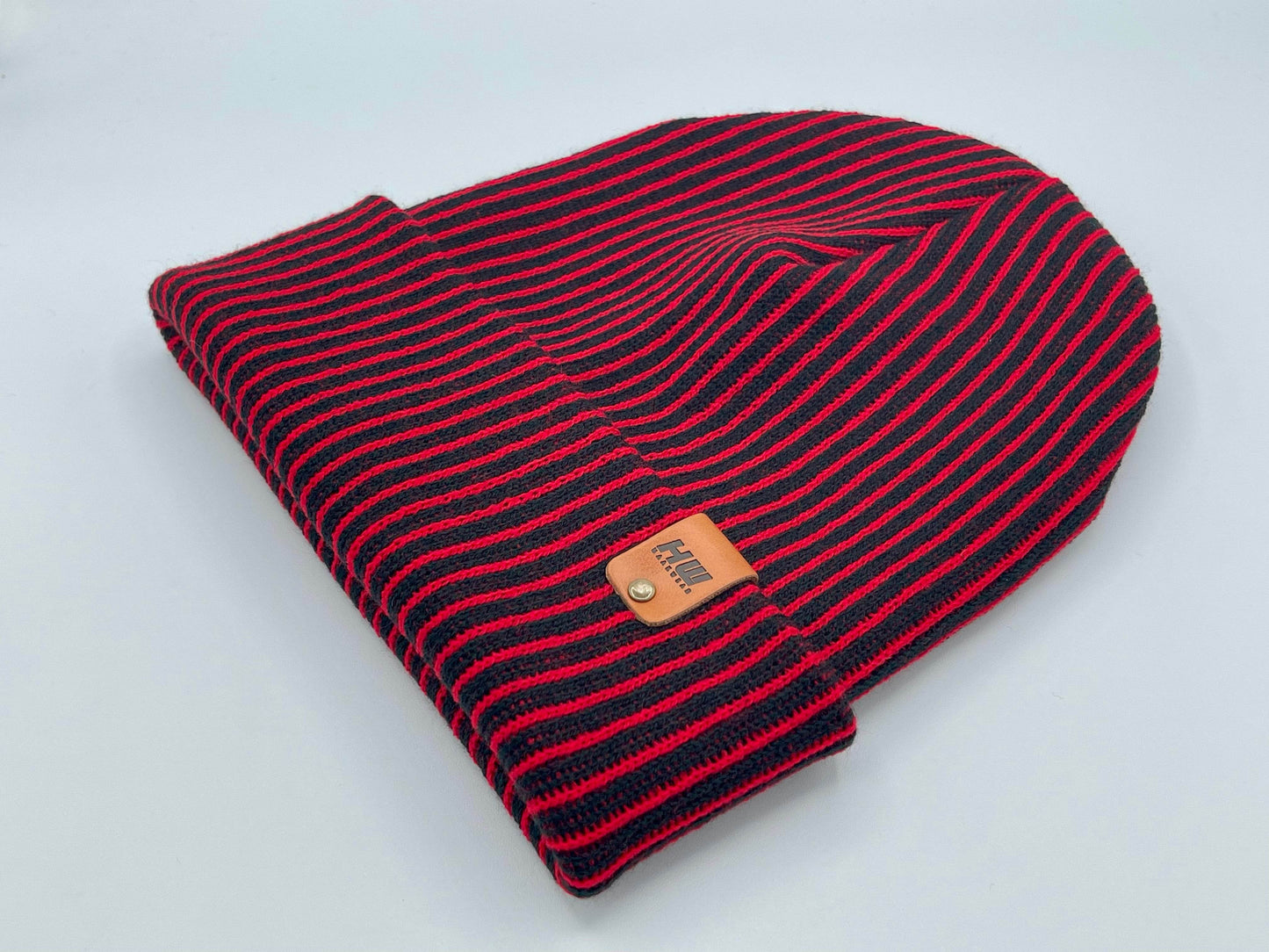 Haakwear Cuffed Wide Ribbed Striped Beanie, Contrast, Black and Red