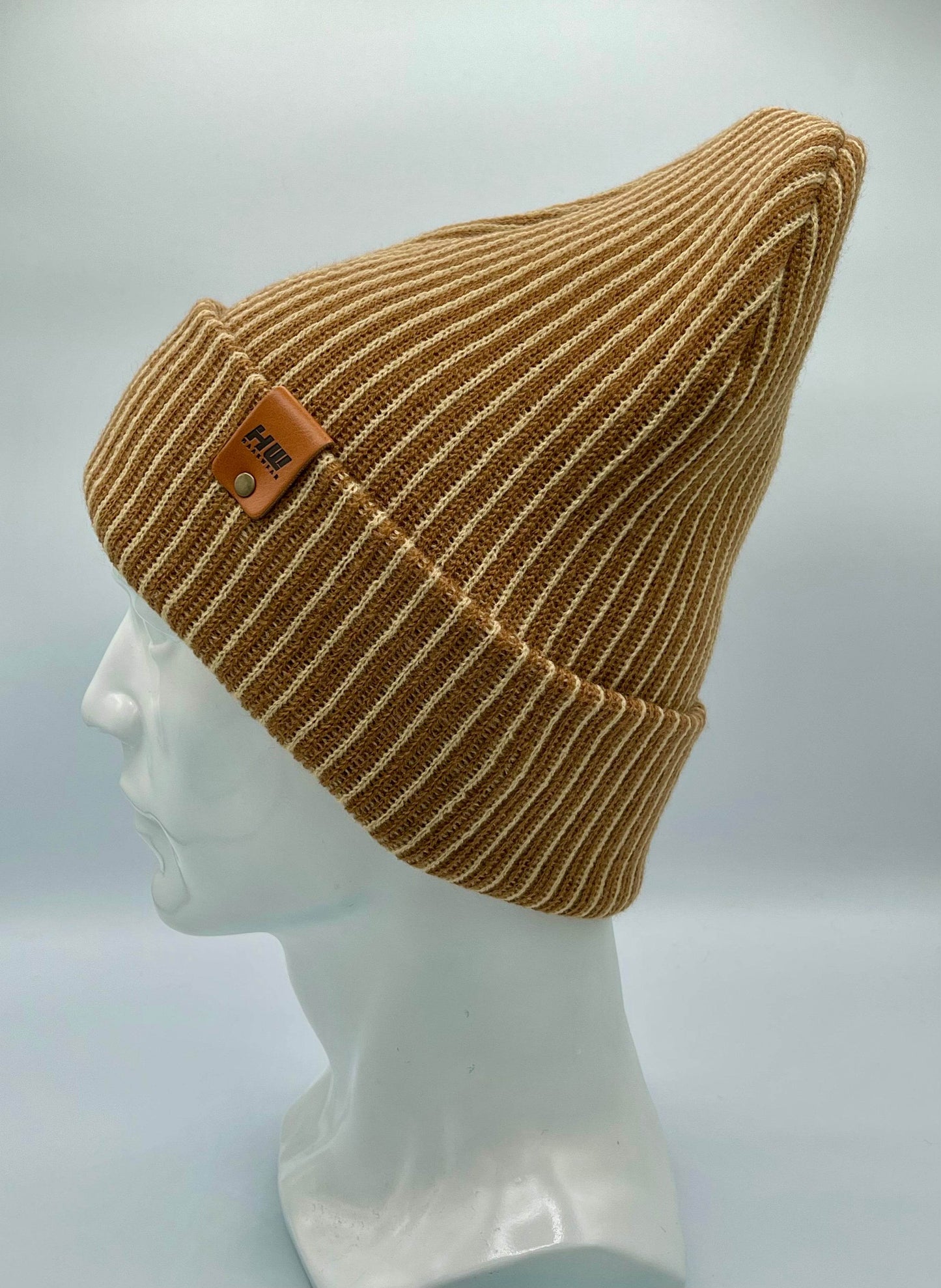 Haakwear Cuffed Wide Ribbed Striped Beanie, Contrast, Beige and Brown