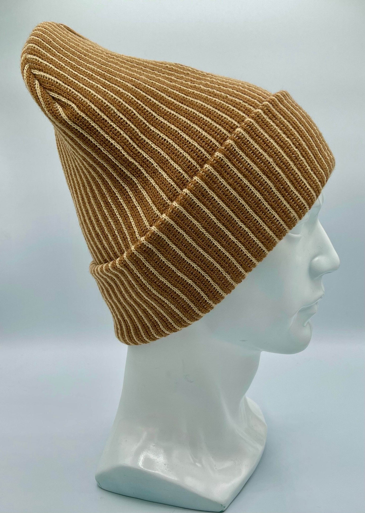 Haakwear Cuffed Wide Ribbed Striped Beanie, Contrast, Beige and Brown