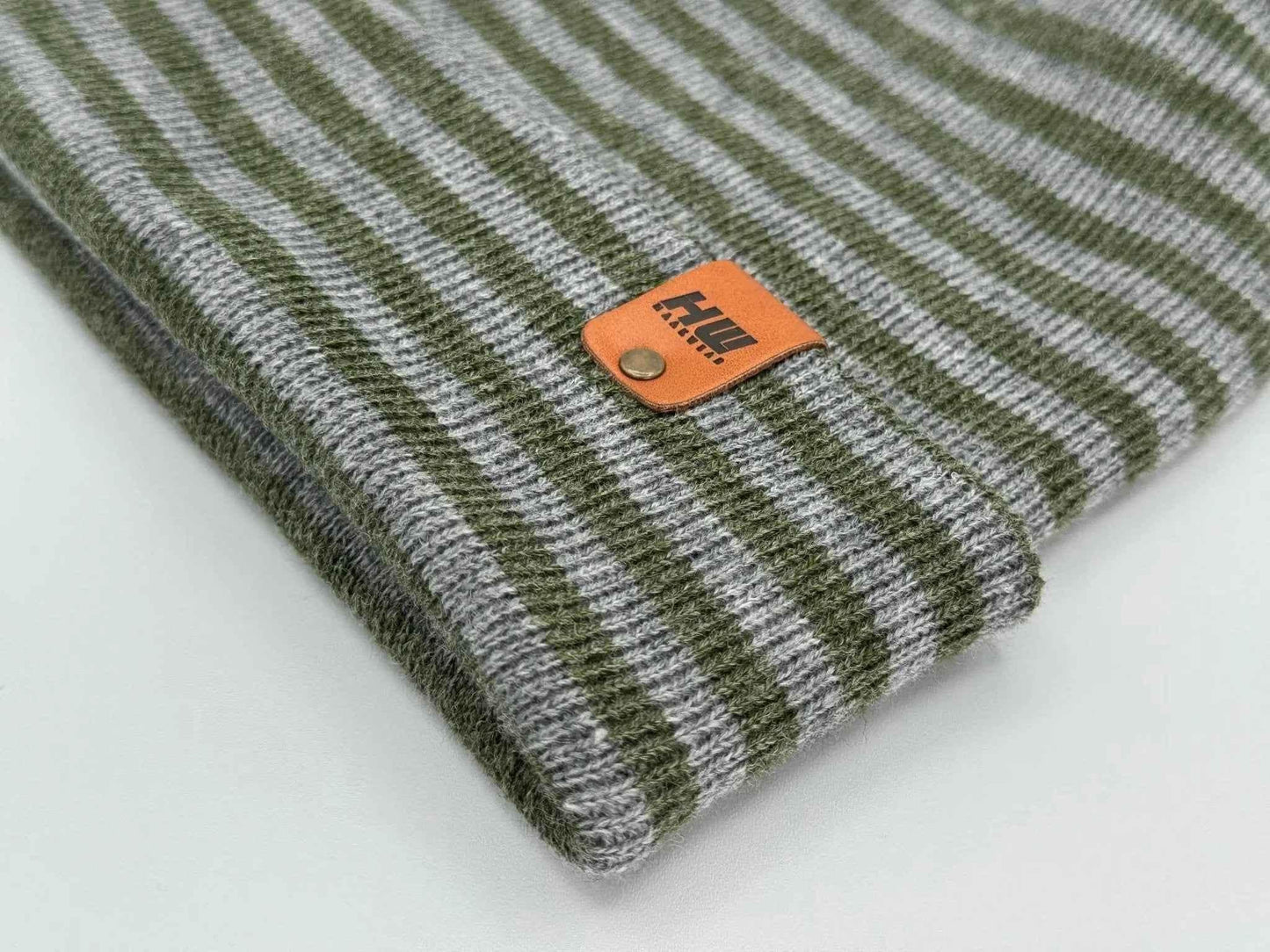 HAAKWEAR H Stitch RORO Cuffed Beanie (Patented Design) Gray / Green, Made in USA