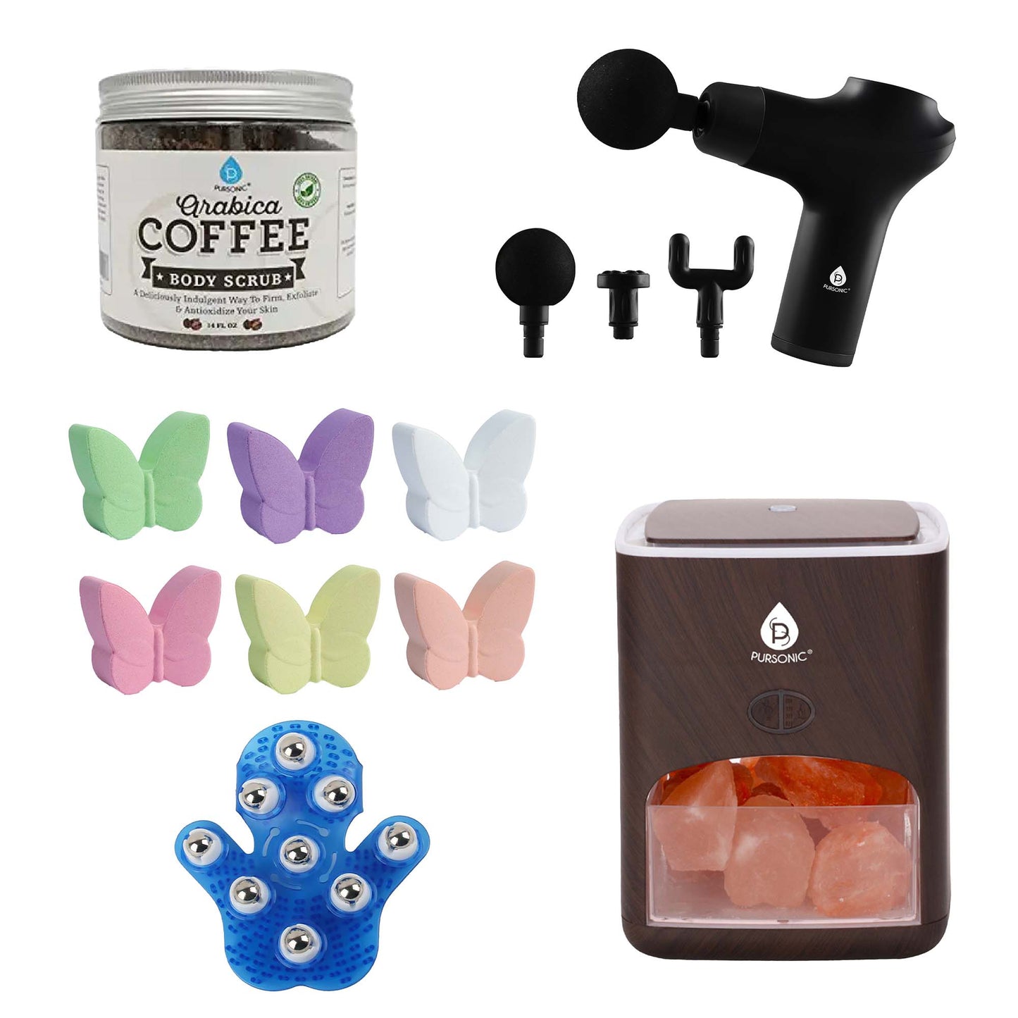 Pursonic At-Home Spa Essentials: Coffee Scrub, Himalayan Salt Lamp Diffuser, Massage Gun, Bath Bombs, & More by Pursonic