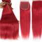 Red & Blonde Highlight Straight Bundles with Closure | 3 Pcs Brazilian Remy Human Hair Weave Extensions