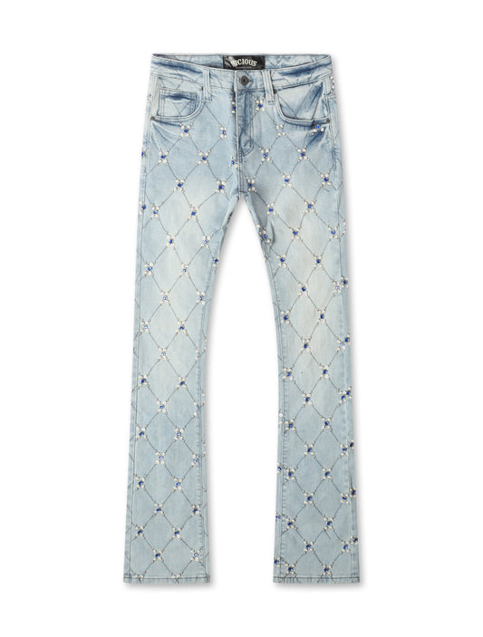 Vicious Denim Diamond Rhinestone Stacked Jeans - Light Blue