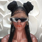 Cornrow Braded Wig, Black, Medium Brown Lace, Midback Length - Tope