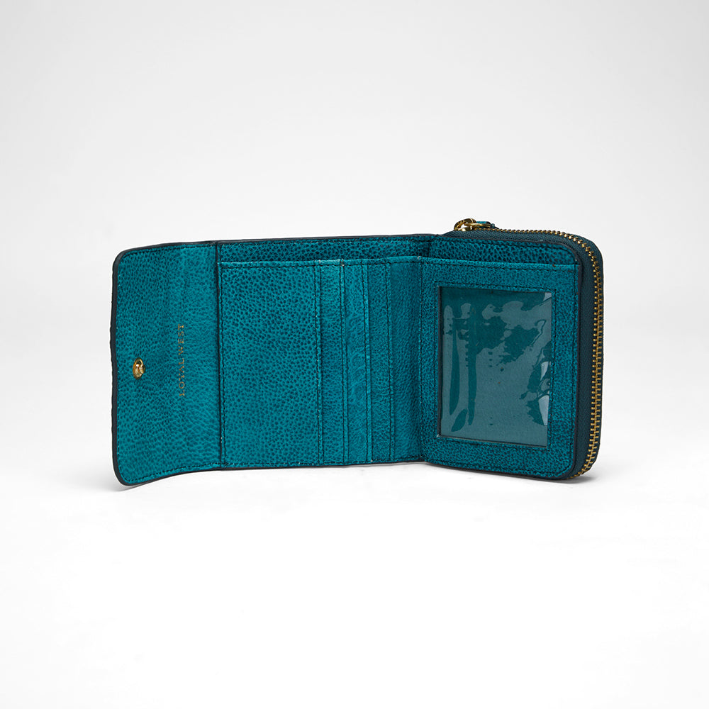 Loyal West SOPHIA CARD HOLDER IN HAND FINISHED EMBOSSED LEATHER -  TURQUOISE