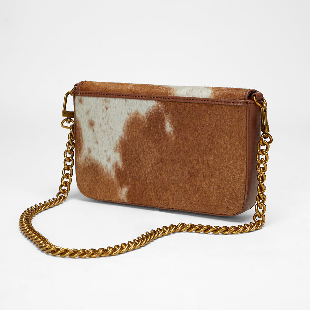 Loyal West The LW On The Go Mini Chain Bag- In Brown & white Cowhide and calfskin