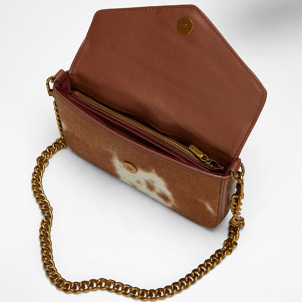 Loyal West The LW On The Go Mini Chain Bag- In Brown & white Cowhide and calfskin