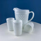 Large Milk Glass Pitcher with Hobnail Pattern and 3 Matching Tall Glasses. Juice Punch Milk Water Jug. Dining Room Decor. Lemonade Stand.