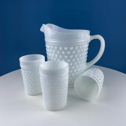 Large Milk Glass Pitcher with Hobnail Pattern and 3 Matching Tall Glasses. Juice Punch Milk Water Jug. Dining Room Decor. Lemonade Stand.