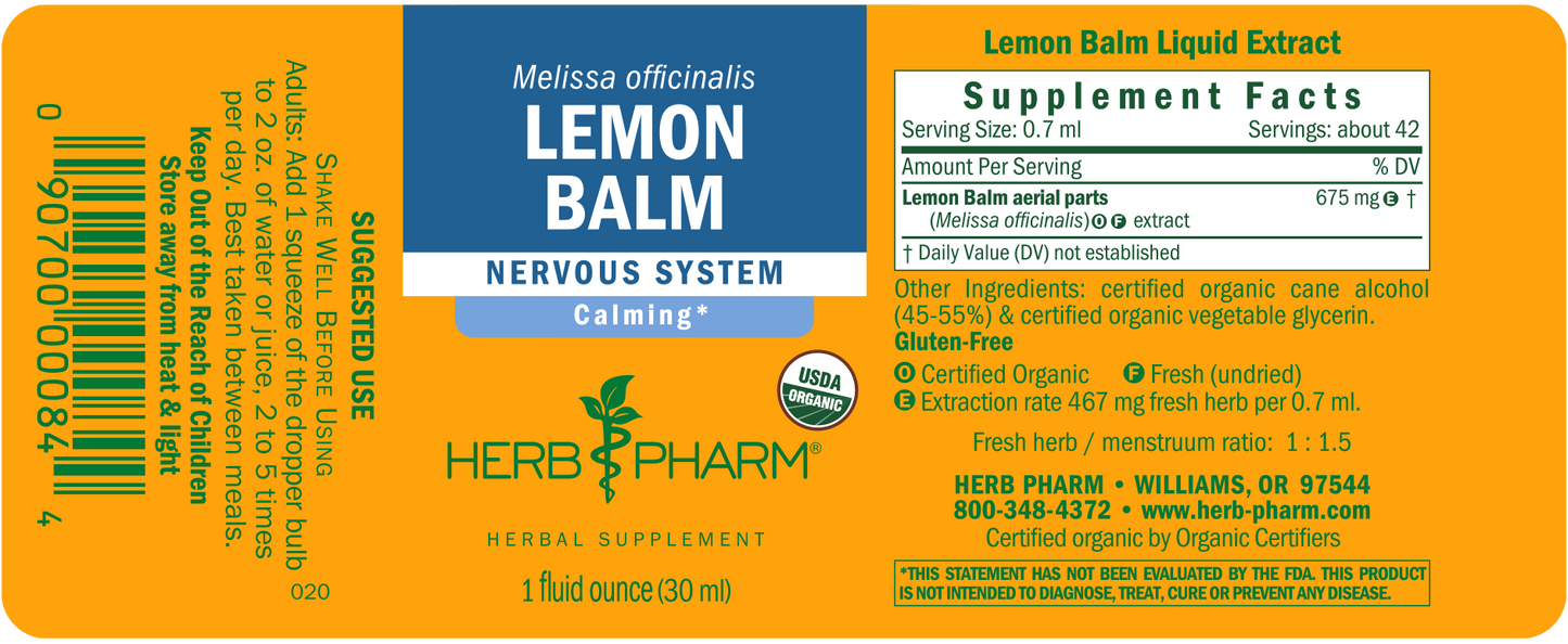 Herb Pharm Lemon Balm Glycerite, 1 oz, Alcohol-Free Herbal Extract for Calm & Relaxation