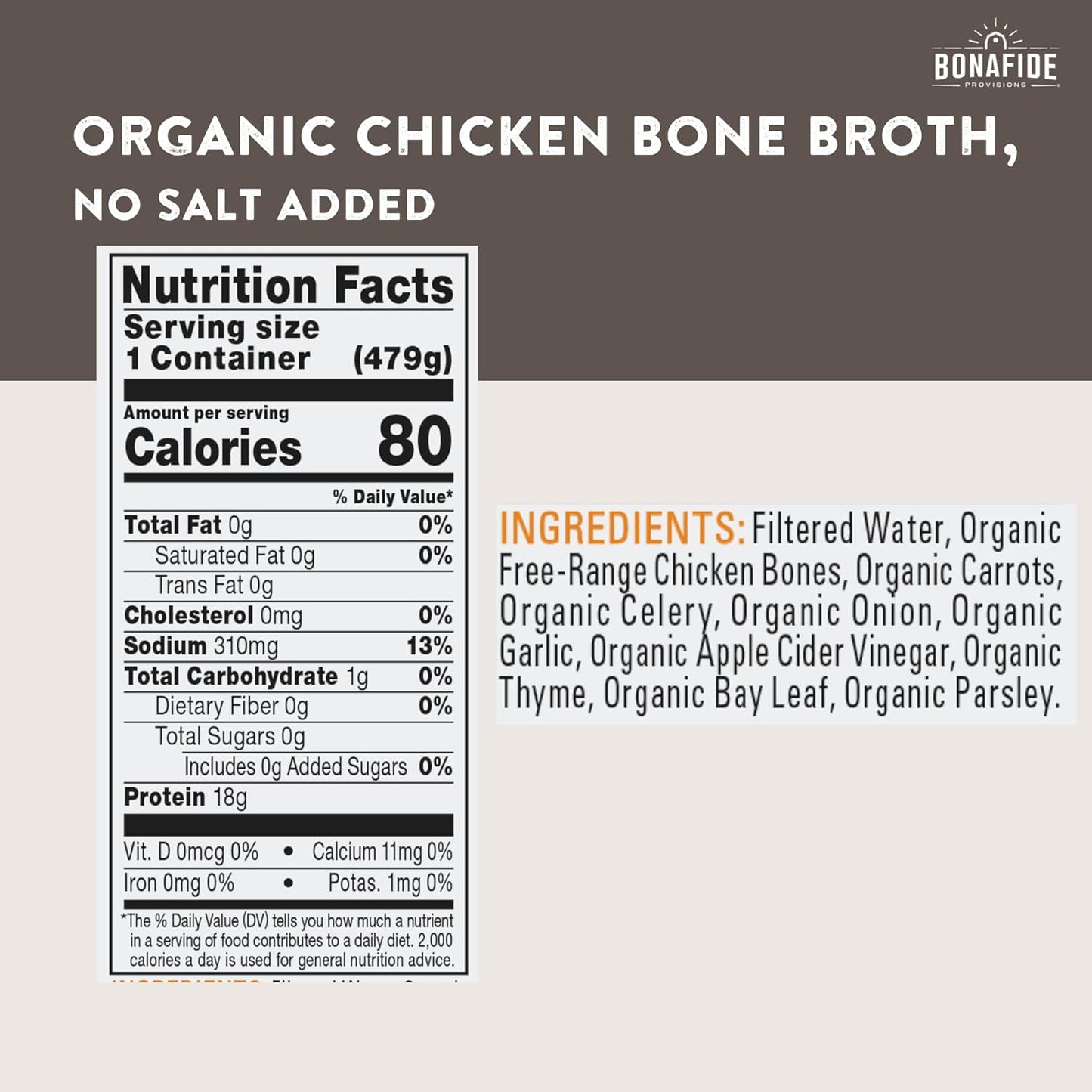 Bonafide Provisions Organic Chicken Bone Broth, No Salt Added, 16.9 fl oz. (Pack of 6)