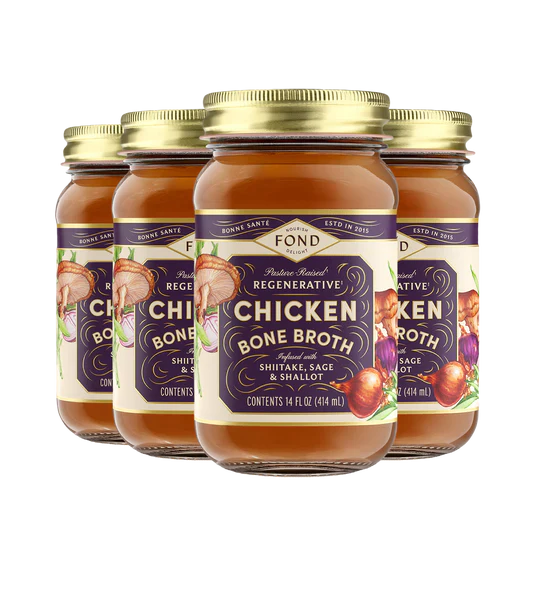 Fond Regenerative Chicken Bone Broth with Shiitake, Sage & Shallot, Case of 4, 14 Fl Oz Each.