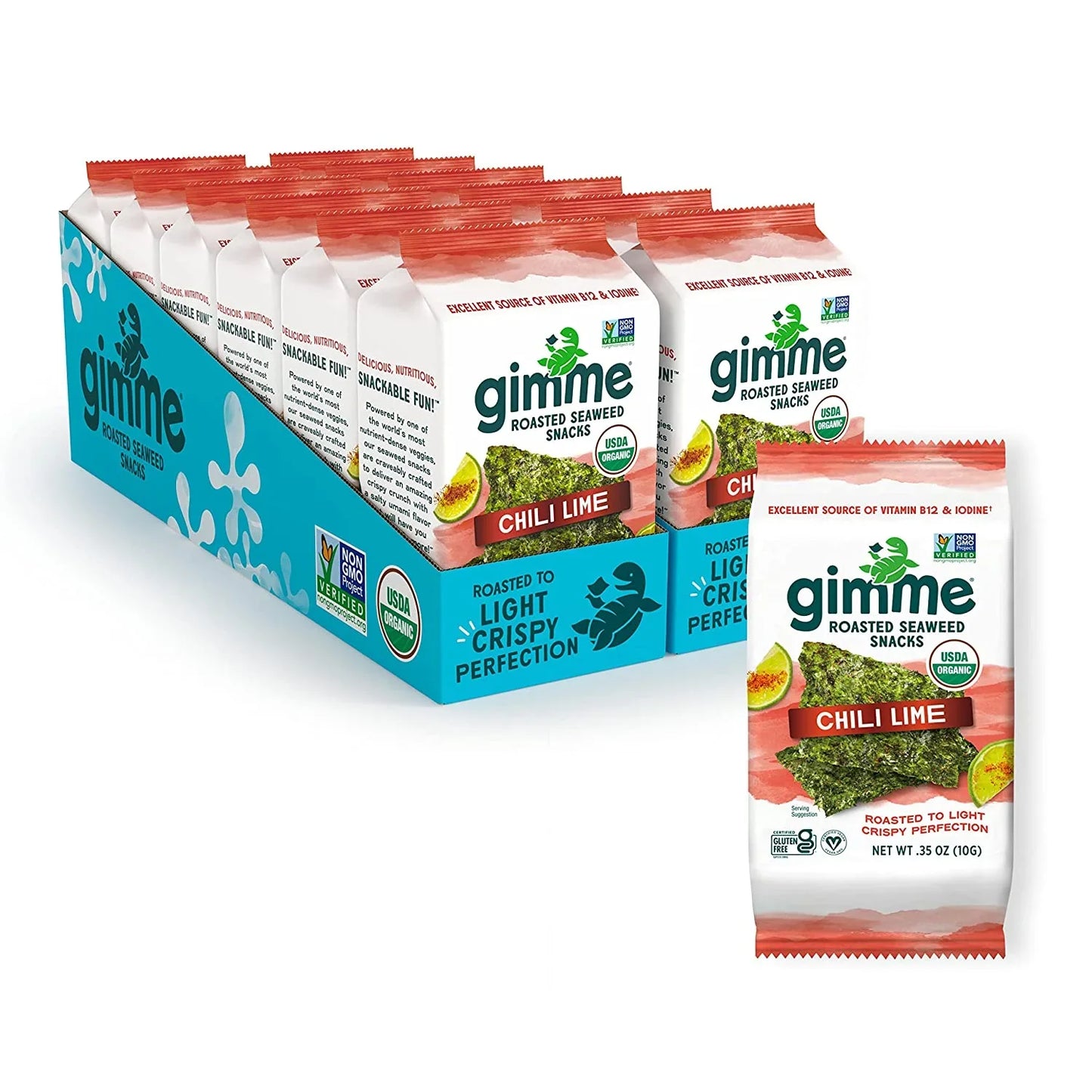 Gimme Organic Roasted Seaweed Snacks, Chili Lime, 12-Count, .35 oz Packs