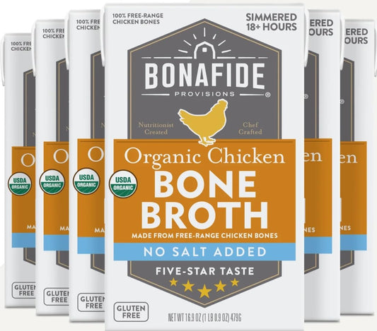 Bonafide Provisions Organic Chicken Bone Broth, No Salt Added, 16.9 fl oz. (Pack of 6)