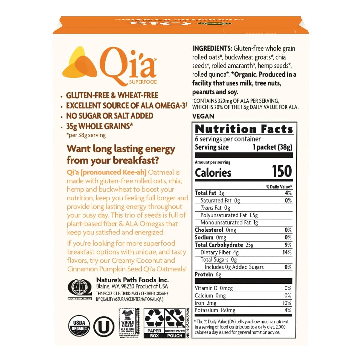 Nature's Path Organic Qi'a Superfood Hot Oatmeal, Superseeds & Grains, 8 oz, Pack of 6
