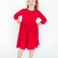Red 3/4 Sleeve Pocket Twirl Dress