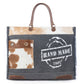 Myra Dakota Trail Hairon Leather Weekender Bag â€“ Handmade Canvas Print with Rustic Fringe Sides & Leather Handles