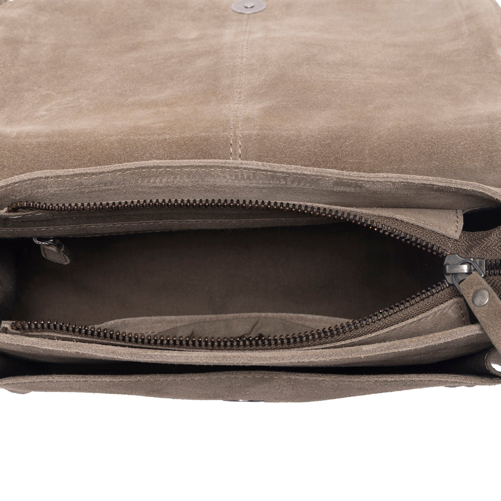 Myra Amberwood Suede Leather Boot Embroidered Bag in Olive Taupe