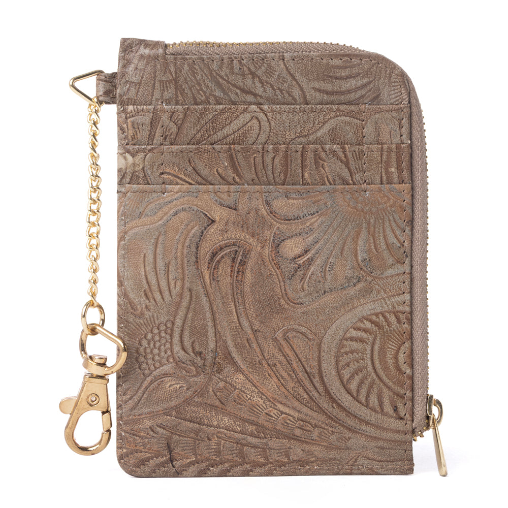 Myra Summer Grove Embossed Leather Credit Card Holder in Desert Taupe