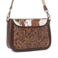 Myra Copper Crest Handtooled Hairon Leather Clutch in Saddle Walnut