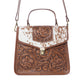 Myra Duchess Hairon Handtooled Flap and Button Leather Satchel in Mocha Cream