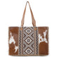 Myra Elisa Leather Weekender Bag - Spacious Cowhide Travel Tote with Tribal Woven Panel and Dual Shoulder Straps