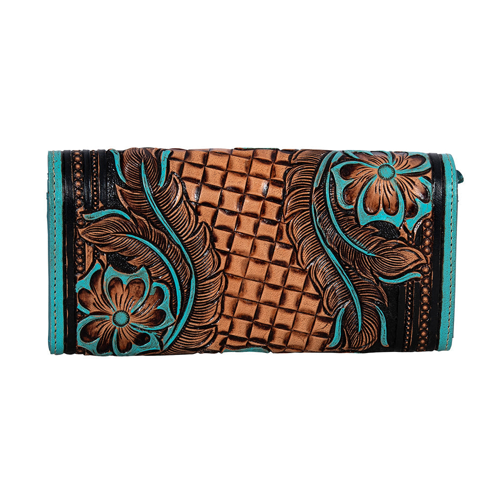 Myra Flower Crest Tooled Leather Wallet Floral Embossed with Turquoise Accents