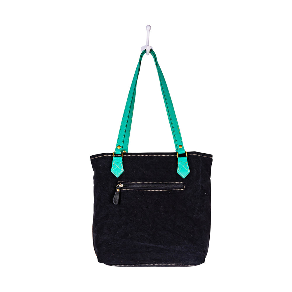Myra Galaxy Fire Handtooled Shoulder Bag Black Sparkle Body with Aqua Leather Straps