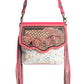 Myra Rosa Verde Hand Tooled Leather Sling Bag for Women â€“ Pink Floral Western Flap, Fringe Sides, Speckled Print Body
