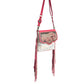 Myra Rosa Verde Hand Tooled Leather Sling Bag for Women â€“ Pink Floral Western Flap, Fringe Sides, Speckled Print Body