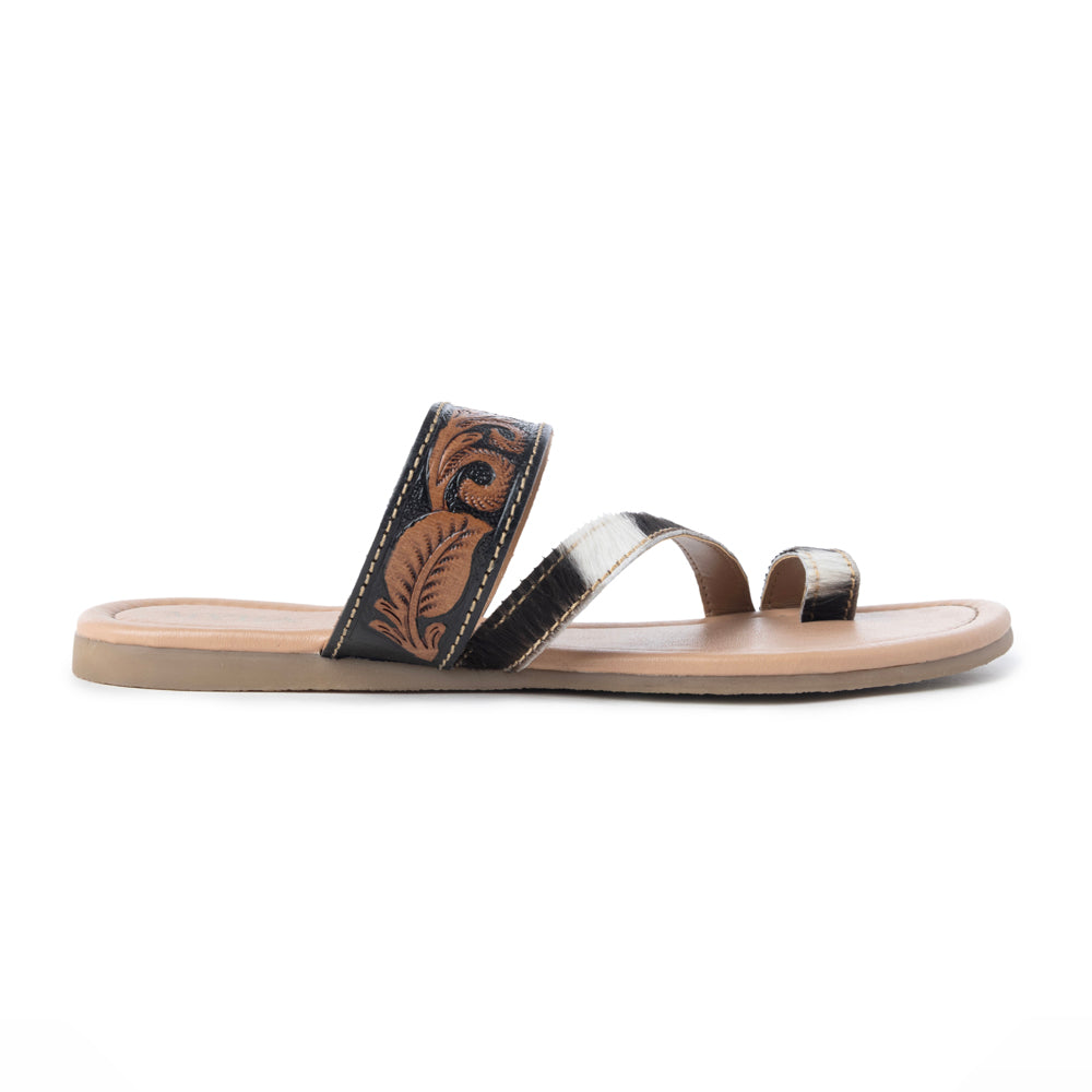 Myra Greta Lee Hair-On Leather Flip Flops for Women - Hand-Tooled Western Slippers with Flat Sole for Everyday Ease