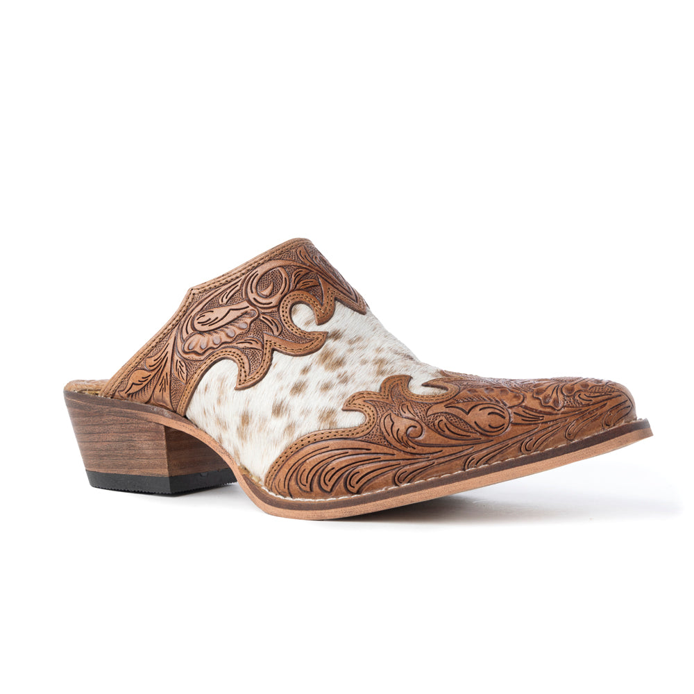 Myra Lacey Leather Mules for Women - Handtooled Leather Mid Top with Hairon Accents for Everyday Rodeo Elegance