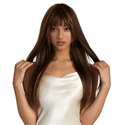 Blonde Highlight Straight Wig with Bangs | 180% Density Glueless Full Machine Made Brazilian Ombre Human Hair