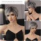 European & American Short Platinum Highlight Black Wig | Full Head Cover Artificial Human Hair Wig for Women (Natural Hairstyle with Oblique Bangs)