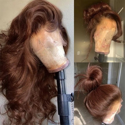 Chocolate Brown Body Wave Lace Front Wig Human Hair Pre-Plucked Brazilian Virgin Hair Bleached Knots HD Lace Frontal Wig