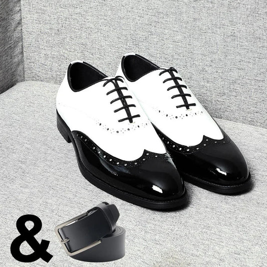 Elegant Men's White & Black Wingtip Brogue Oxfords | Genuine Leather Wedding, Party & Social Dress Shoes