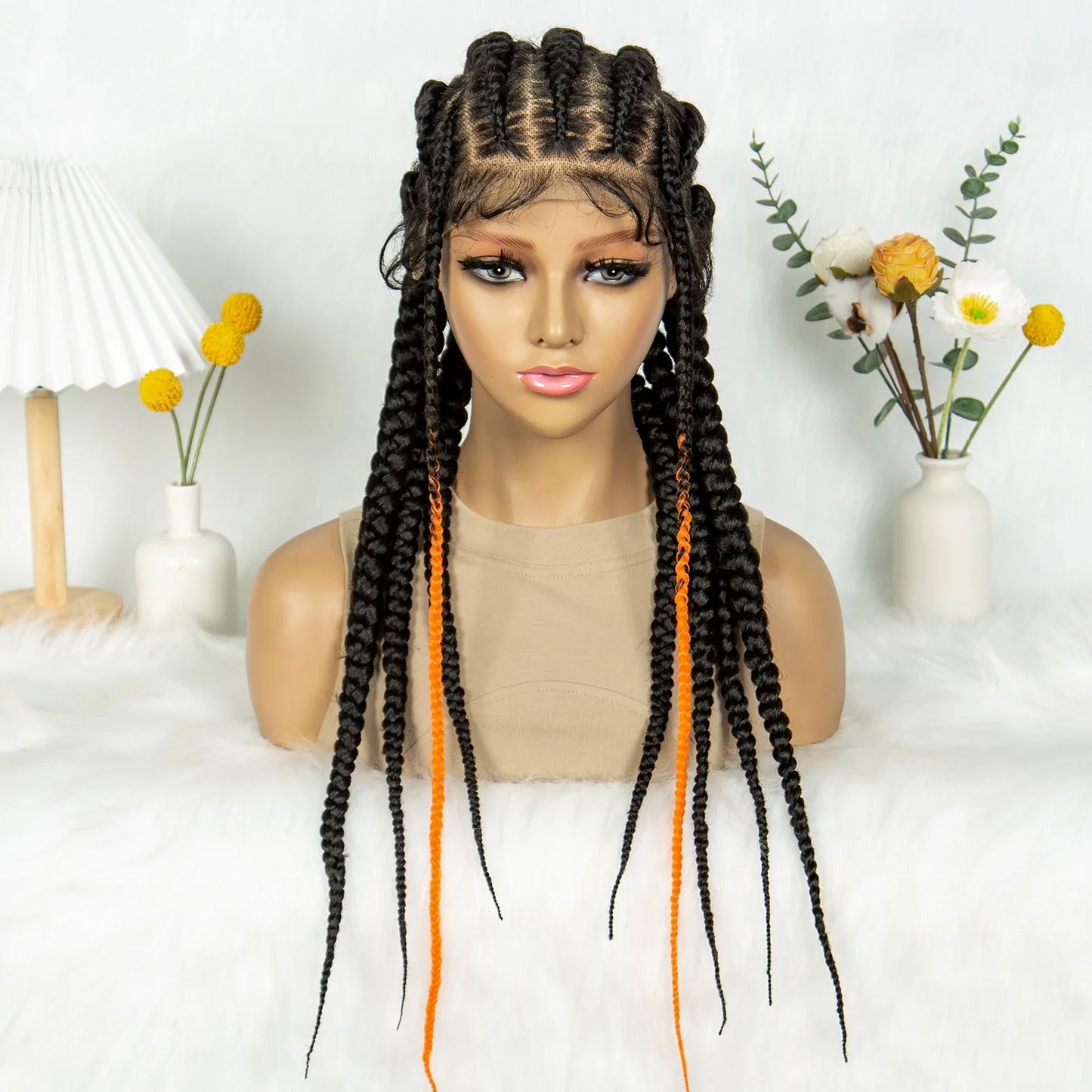 Knotless Box Braids Full Lace Wig | Cornrow Accents | Baby Hair | Synthetic Braided Wig