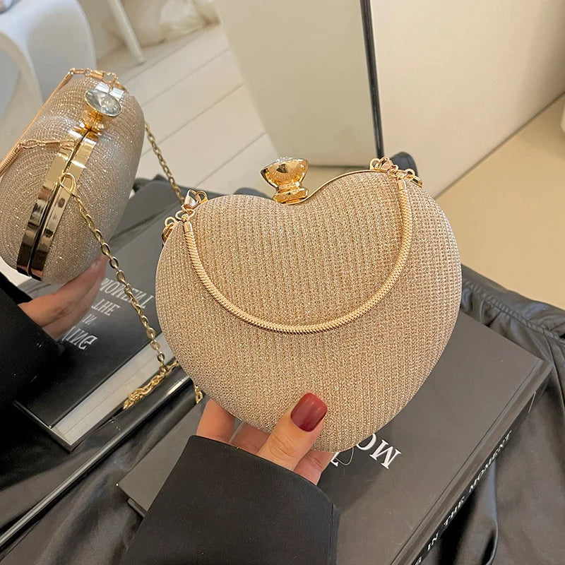 Shiny Heart Shape Metal Evening Clutch Bag for Women | Fashion Chain Shoulder Crossbody Bag (Luxury Lady Purse)