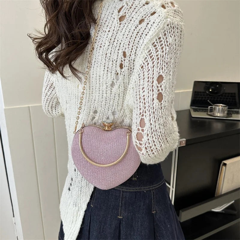 Shiny Heart Shape Metal Evening Clutch Bag for Women | Fashion Chain Shoulder Crossbody Bag (Luxury Lady Purse)
