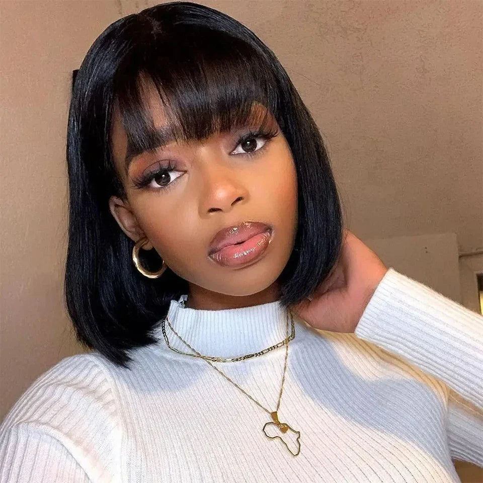 Peruvian Straight Bob Wig with Bangs | Full Machine Made Human Hair Wig | Natural Color