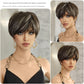 European & American Short Platinum Highlight Black Wig | Full Head Cover Artificial Human Hair Wig for Women (Natural Hairstyle with Oblique Bangs)