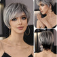European & American Short Platinum Highlight Black Wig | Full Head Cover Artificial Human Hair Wig for Women (Natural Hairstyle with Oblique Bangs)